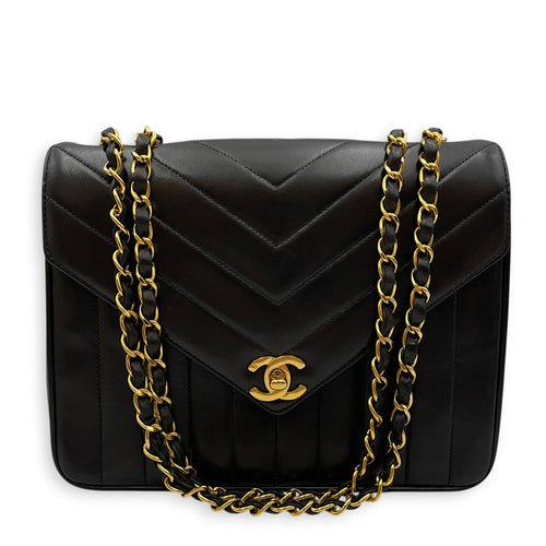 Vintage Chevron Envelope Flap 24cm Black Shoulder Bag in Lambskin Gold hardware CL2608-22902 3
