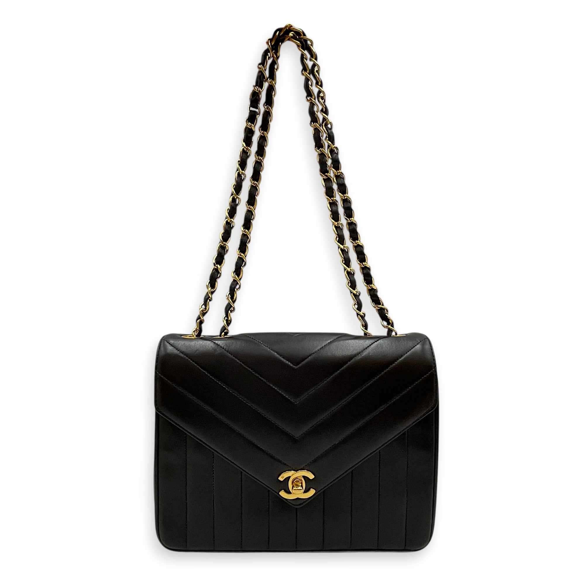 Vintage Chevron Envelope Flap 24cm Black Shoulder Bag in Lambskin Gold hardware CL2608-22902 11