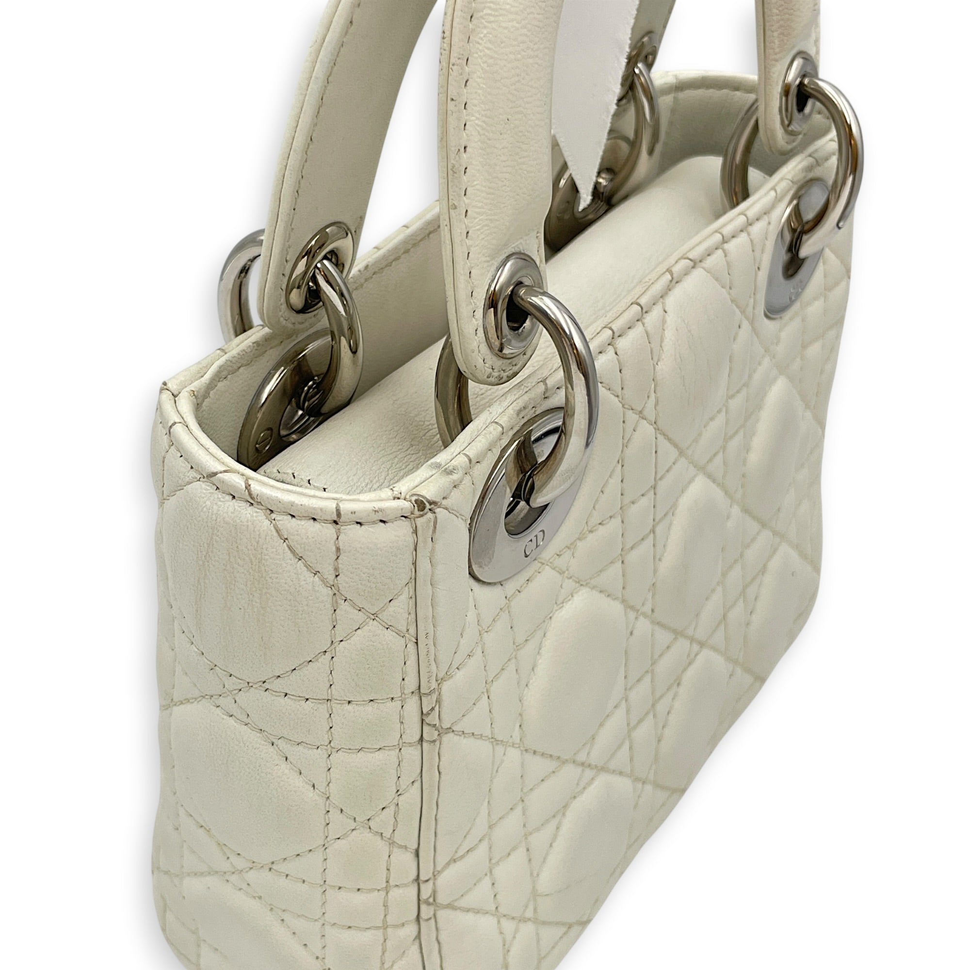 Mini Lady Dior White Top Handle Bag in Lambskin Silver hardware CL2608-22908 10