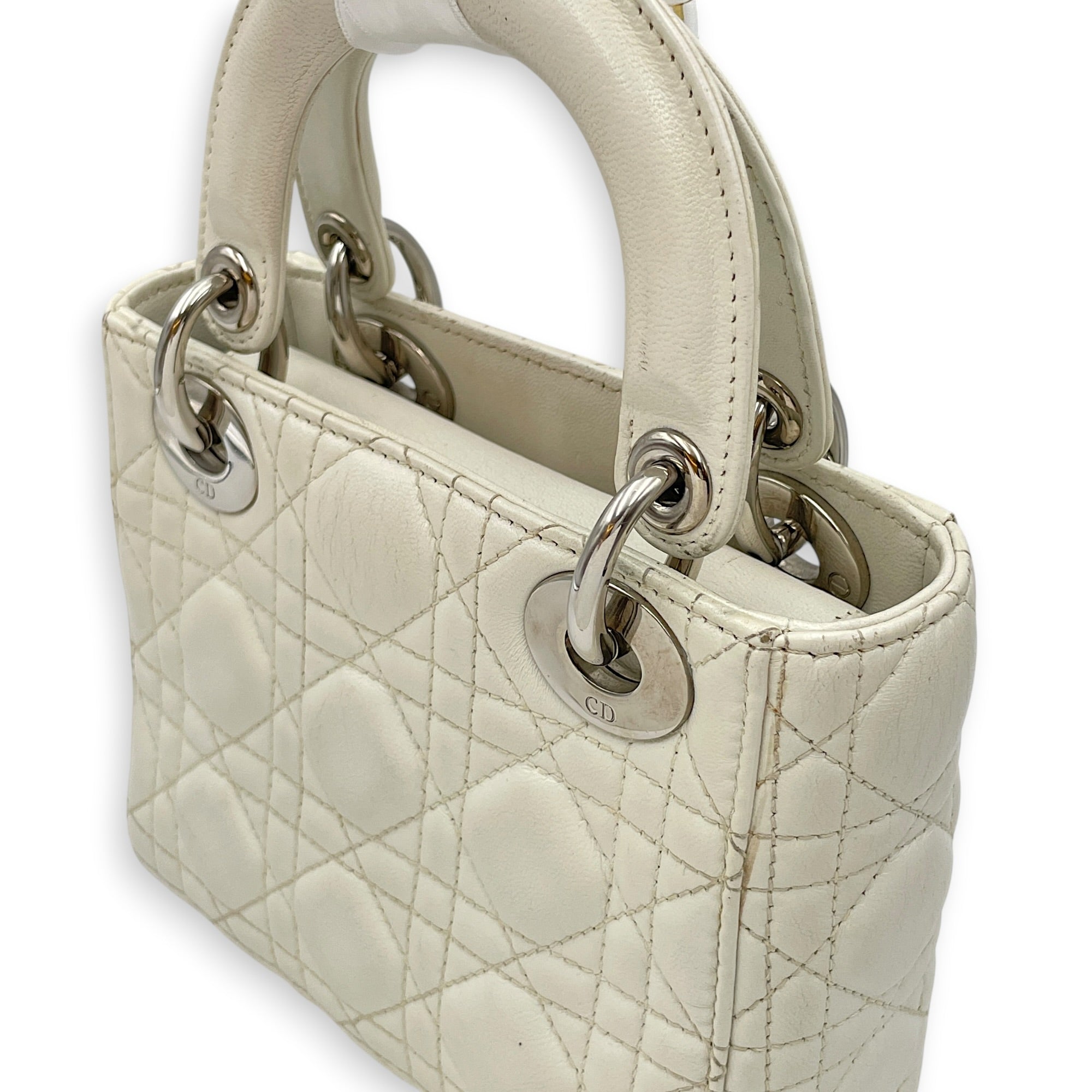 Mini Lady Dior White Top Handle Bag in Lambskin Silver hardware CL2608-22908 11