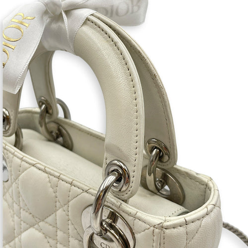 Mini Lady Dior White Top Handle Bag in Lambskin Silver hardware CL2608-22908 12