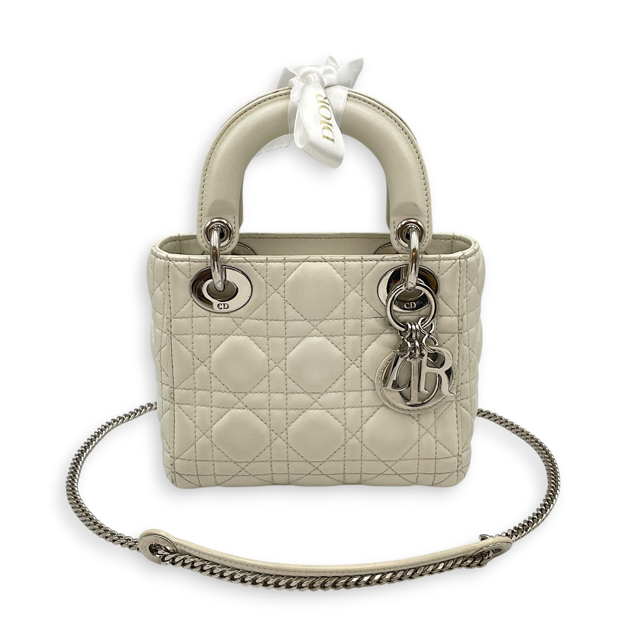 Mini Lady Dior White Top Handle Bag in Lambskin Silver hardware CL2608-22908 14