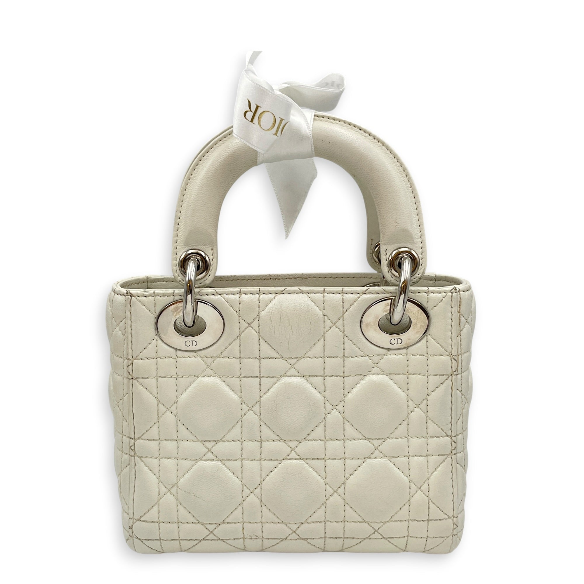 Mini Lady Dior White Top Handle Bag in Lambskin Silver hardware CL2608-22908 2