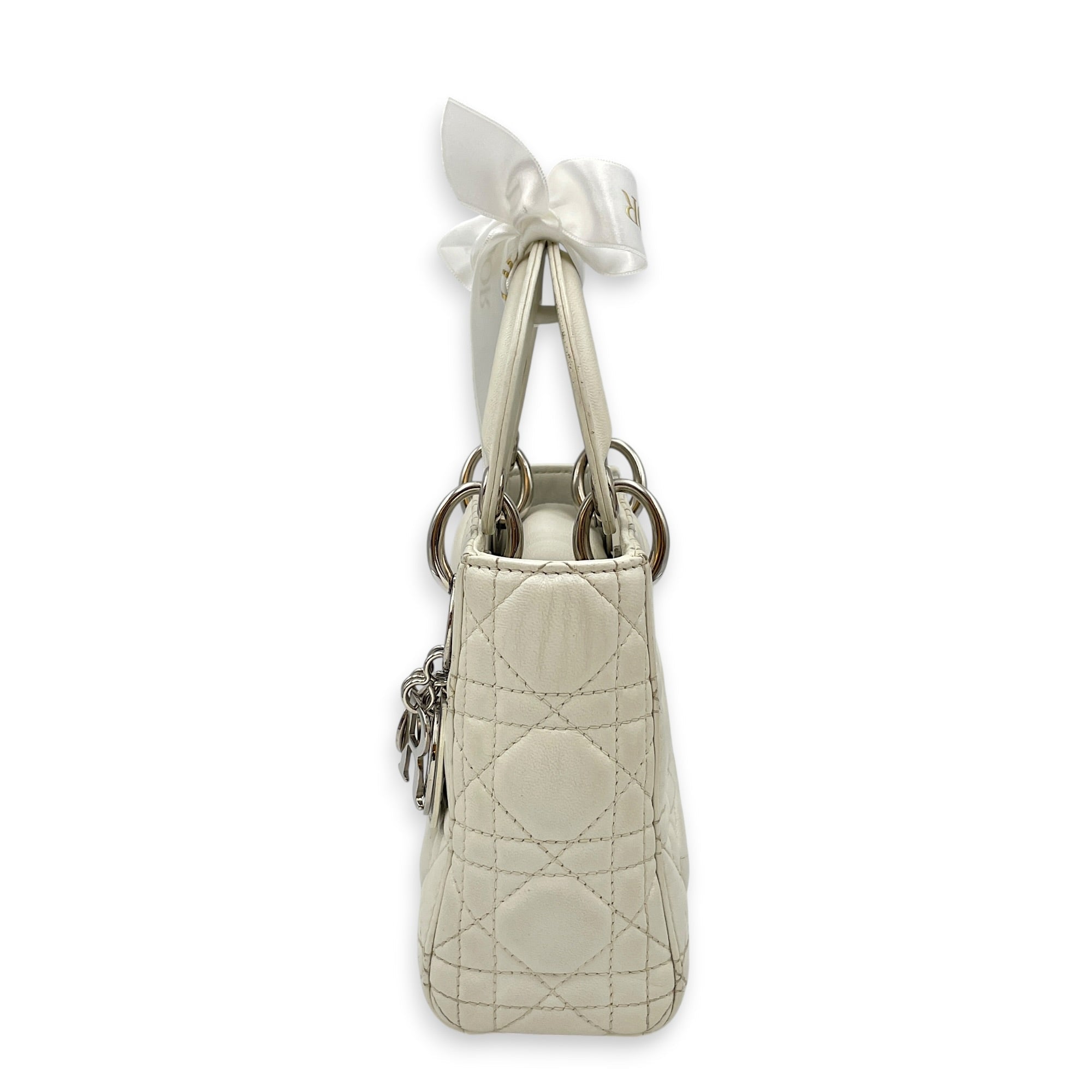 Mini Lady Dior White Top Handle Bag in Lambskin Silver hardware CL2608-22908 4