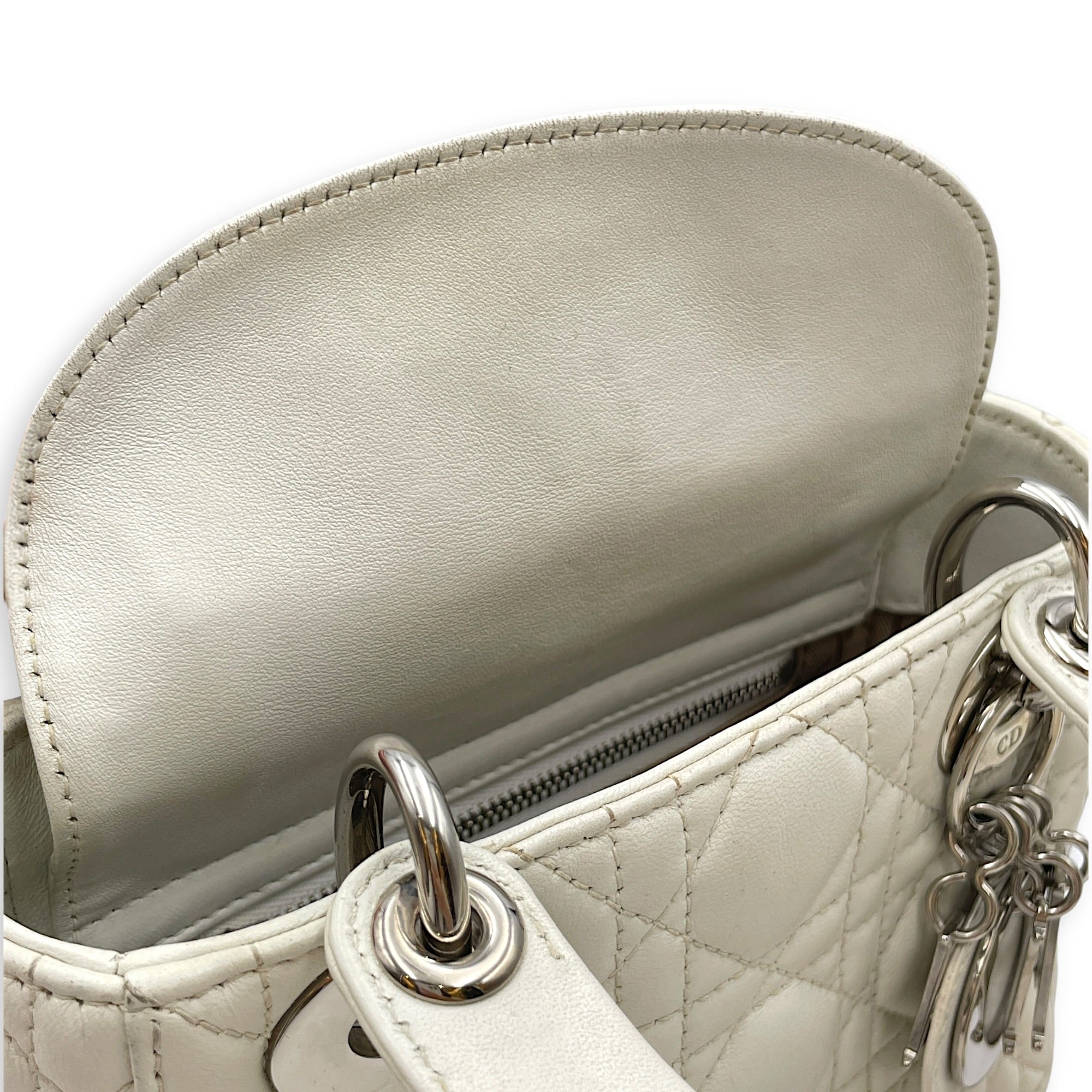 Mini Lady Dior White Top Handle Bag in Lambskin Silver hardware CL2608-22908 6