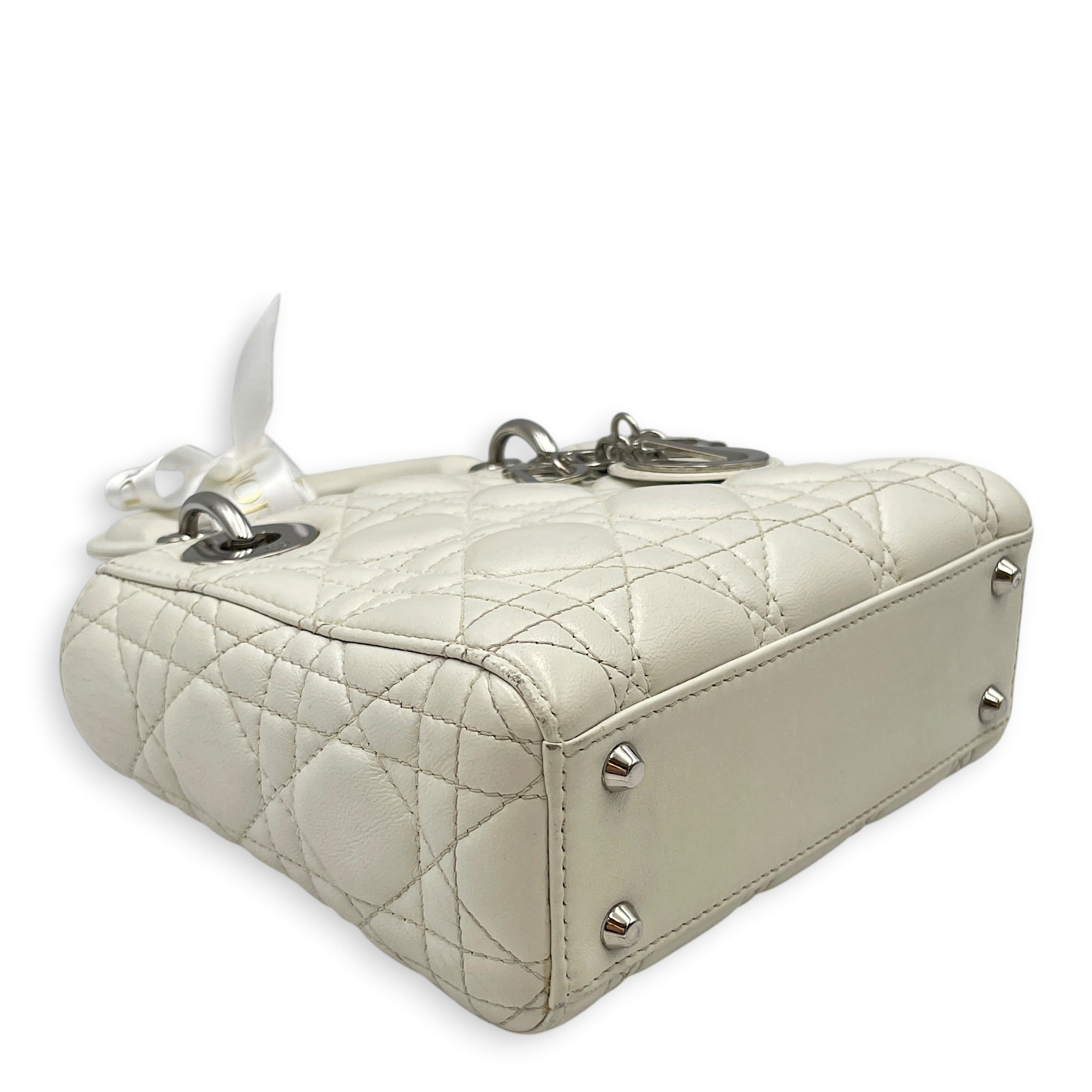 Mini Lady Dior White Top Handle Bag in Lambskin Silver hardware CL2608-22908 8
