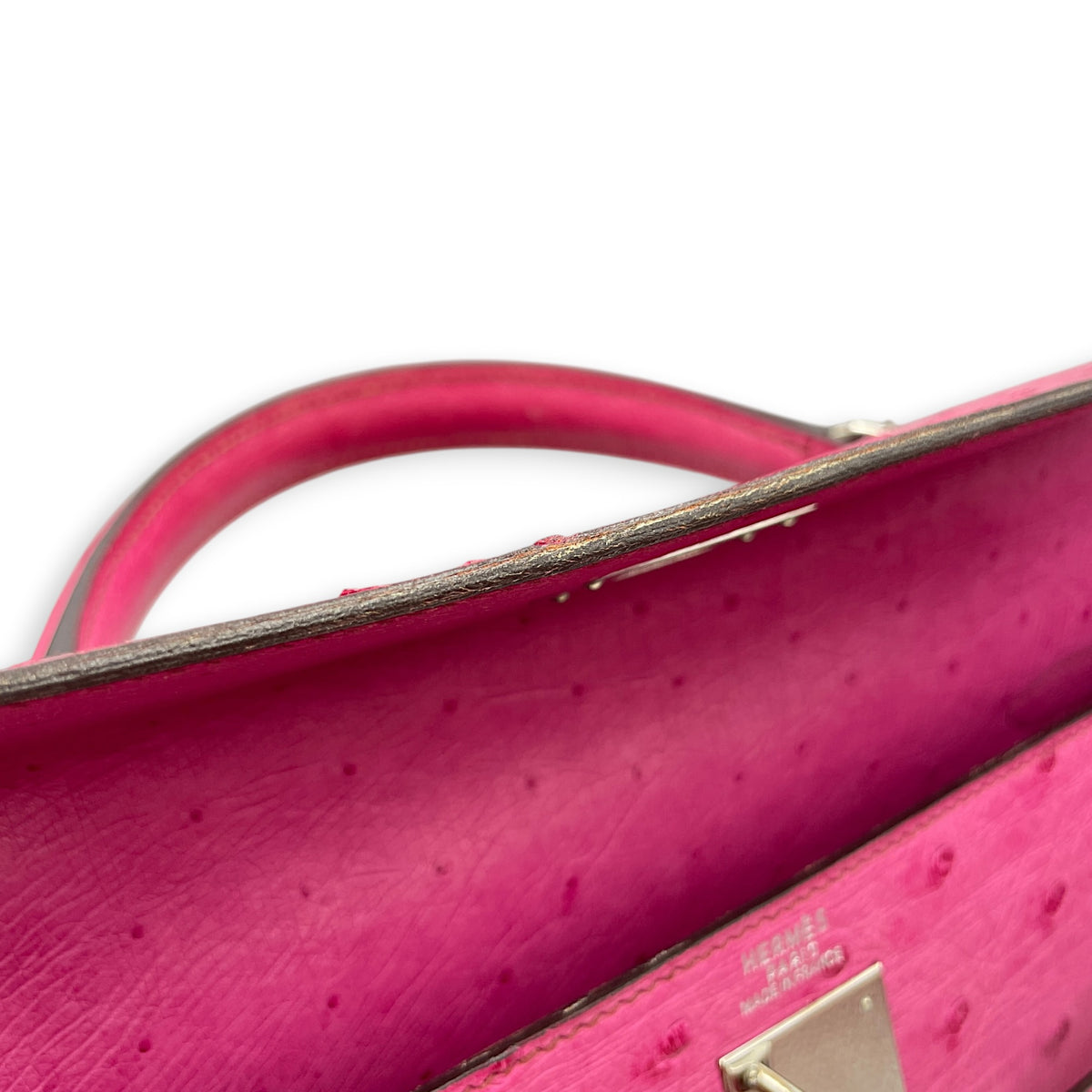 Kelly 32 Fuchsia in Ostrich Palladium hardware