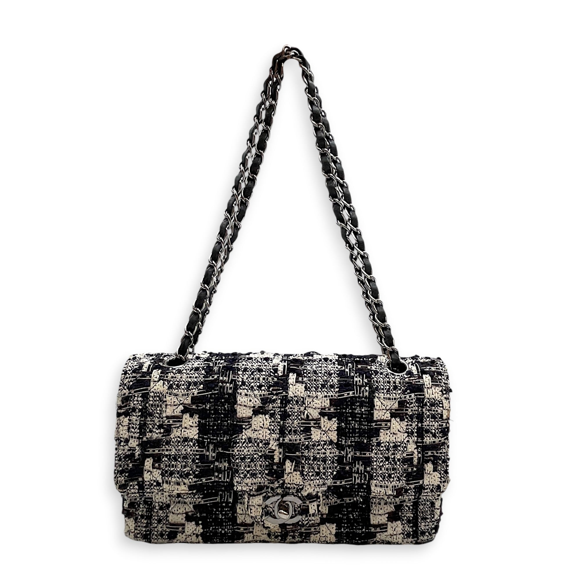 Classic White/Black Shoulder Bag in Tweed Silver hardware