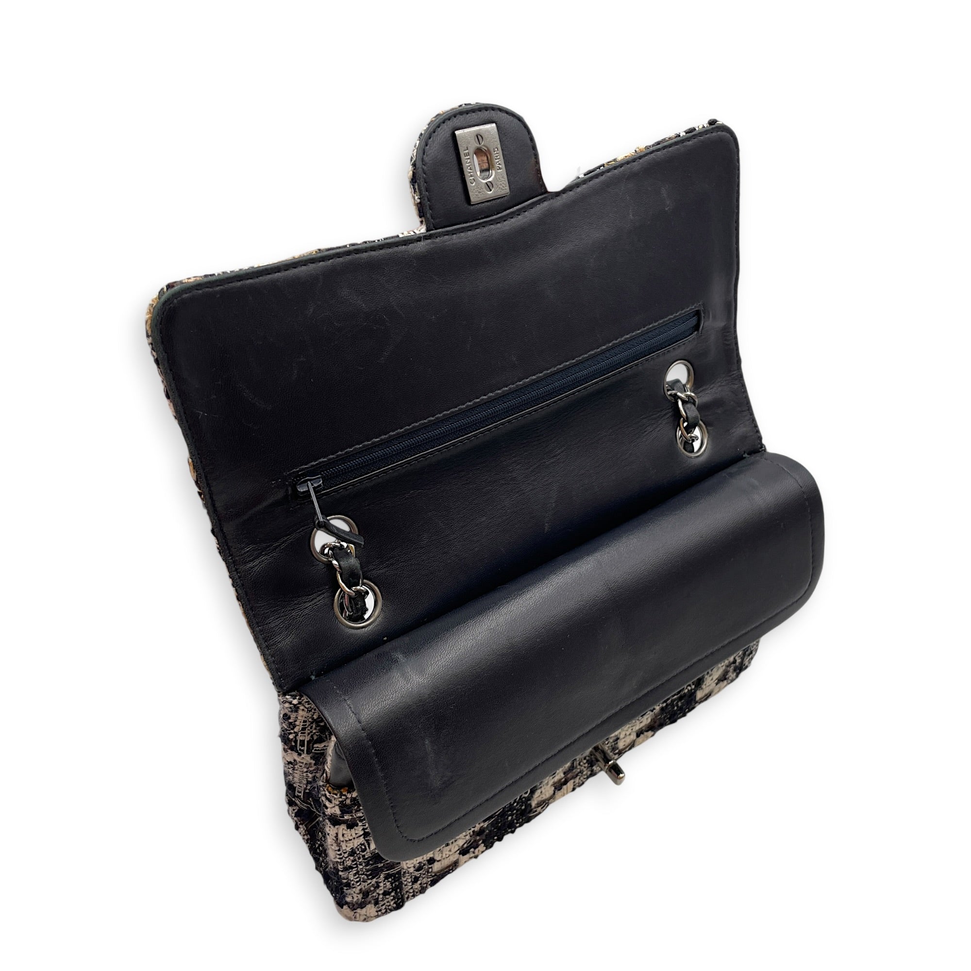 Classic White/Black Shoulder Bag in Tweed Silver hardware