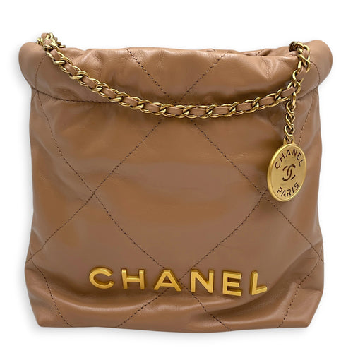 C22  Mini Beige Crossbody Bag in Caviar Leather Gold hardware