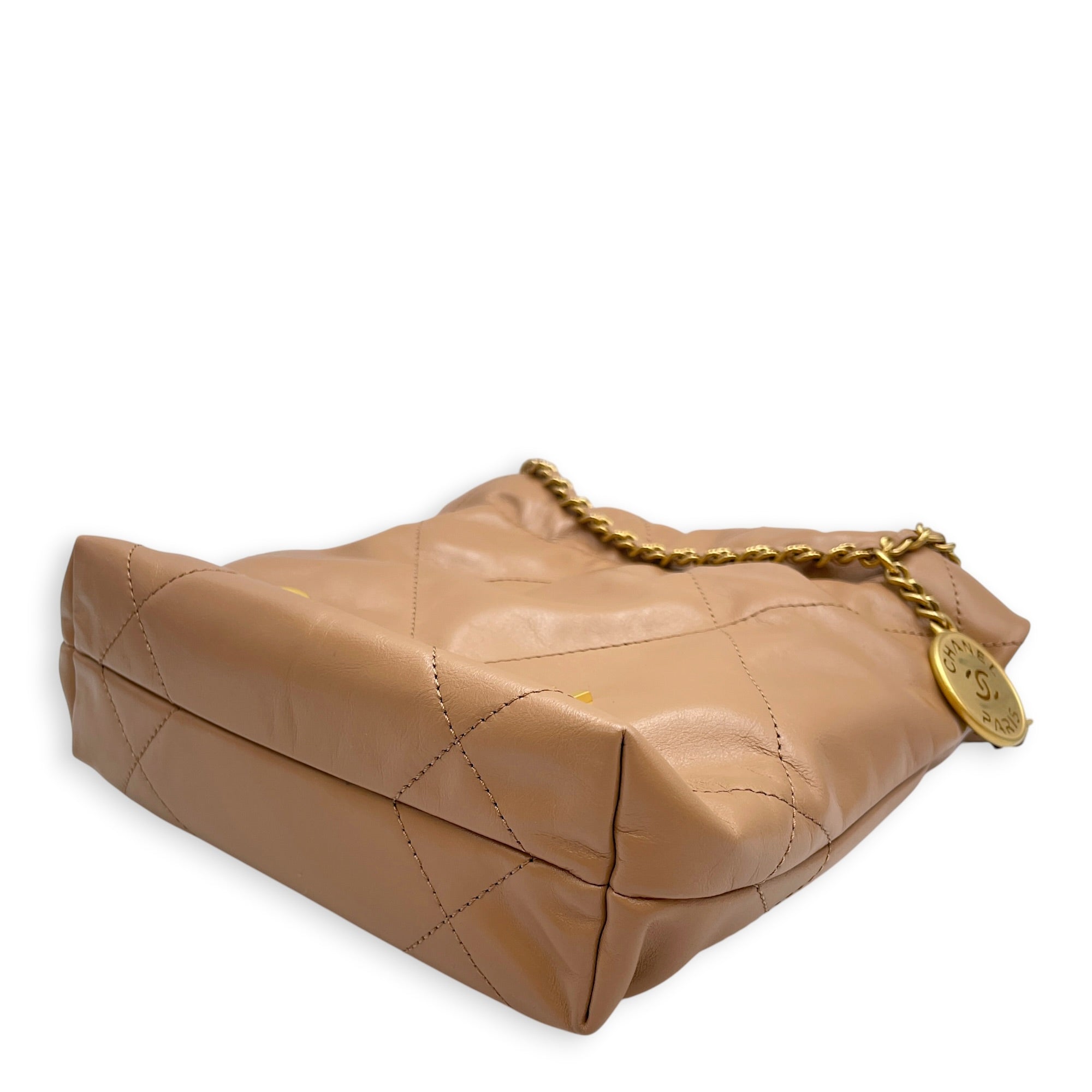 C22  Mini Beige Crossbody Bag in Caviar Leather Gold hardware