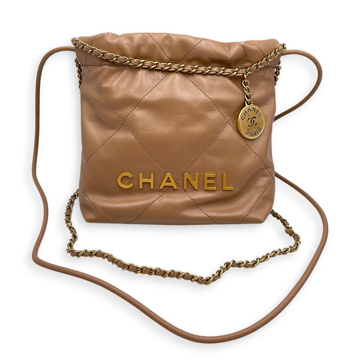 C22  Mini Beige Crossbody Bag in Caviar Leather Gold hardware