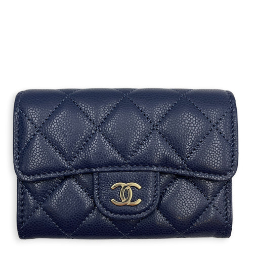 Classic Navy Blue Card Holder in Caviar Leather Gold hardware