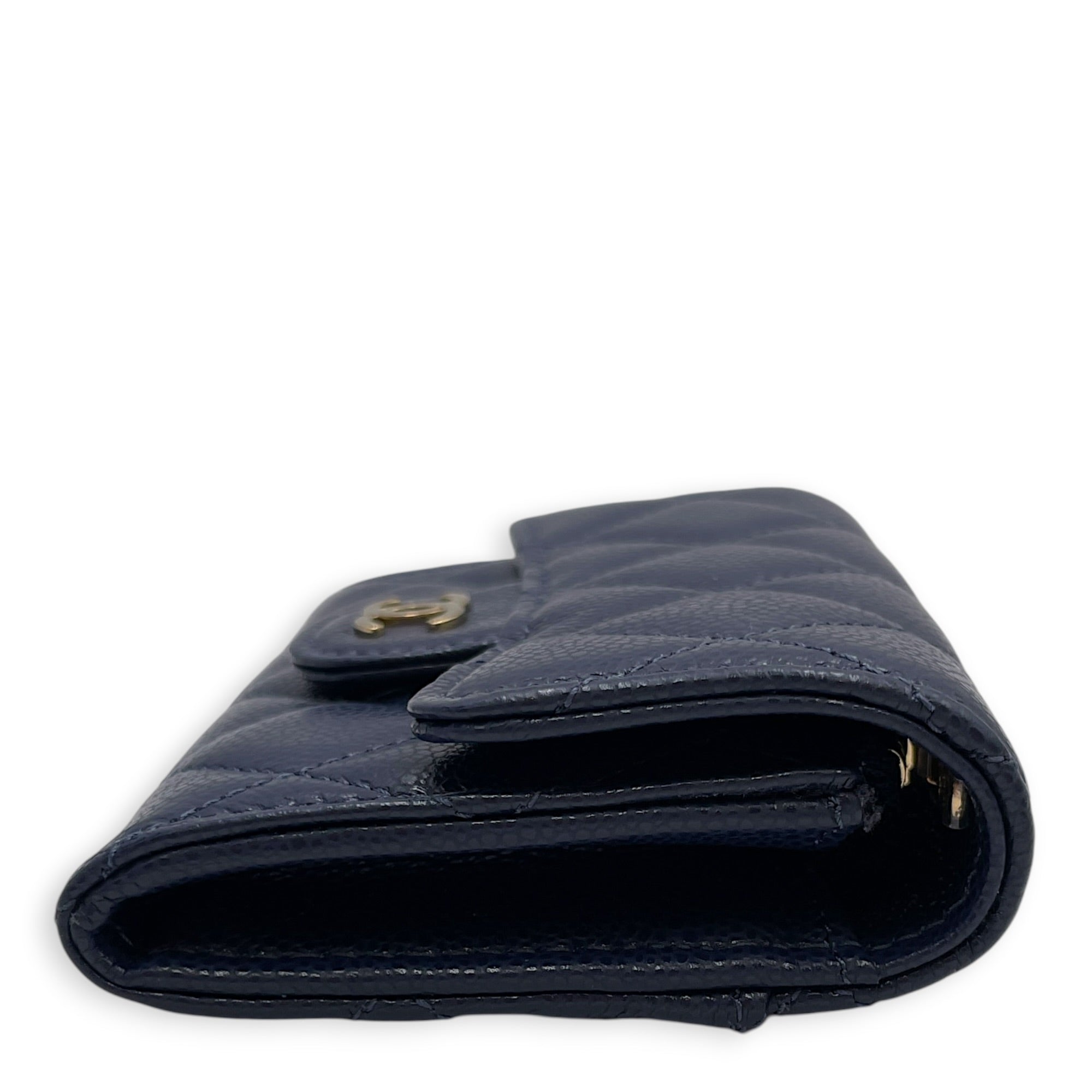 Classic Navy Blue Card Holder in Caviar Leather Gold hardware