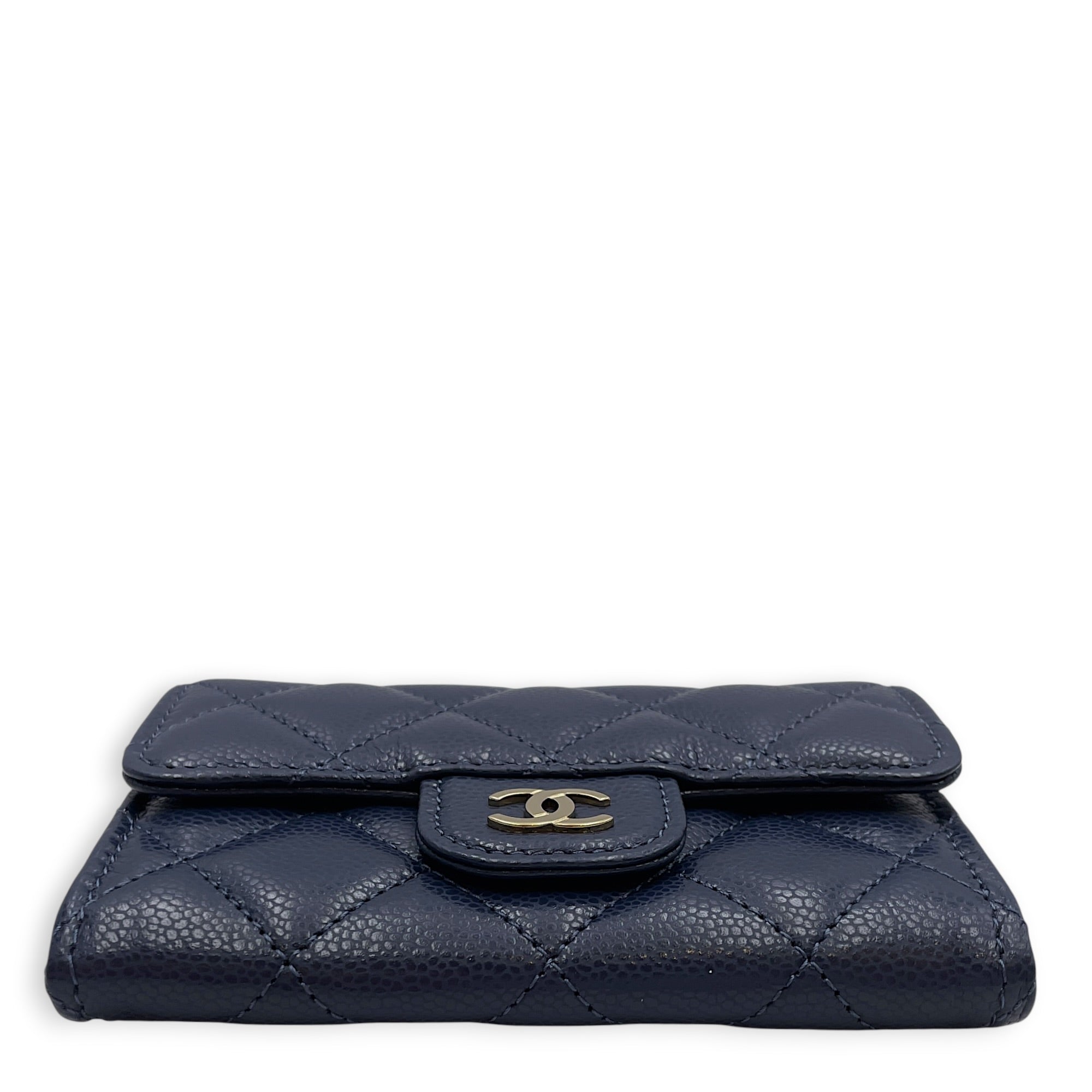 Classic Navy Blue Card Holder in Caviar Leather Gold hardware