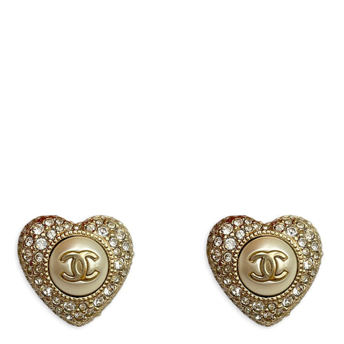 Crystal Heart Pearl CC Stud  Gold Earrings Light Gold hardware