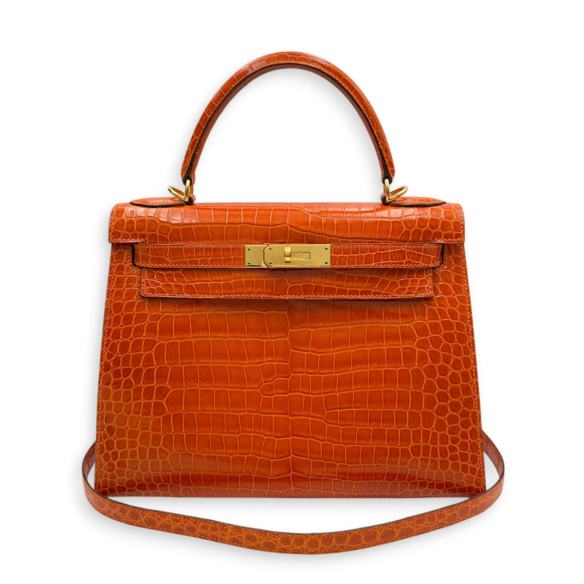 Sellier Kelly 28 Orange in Shiny Niloticus Gold hardware