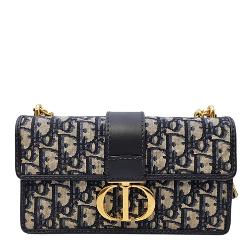 30 Montaigne East West  21cm Navy Blue Dior Oblique Shoulder Bag in Jacquard Gold hardware