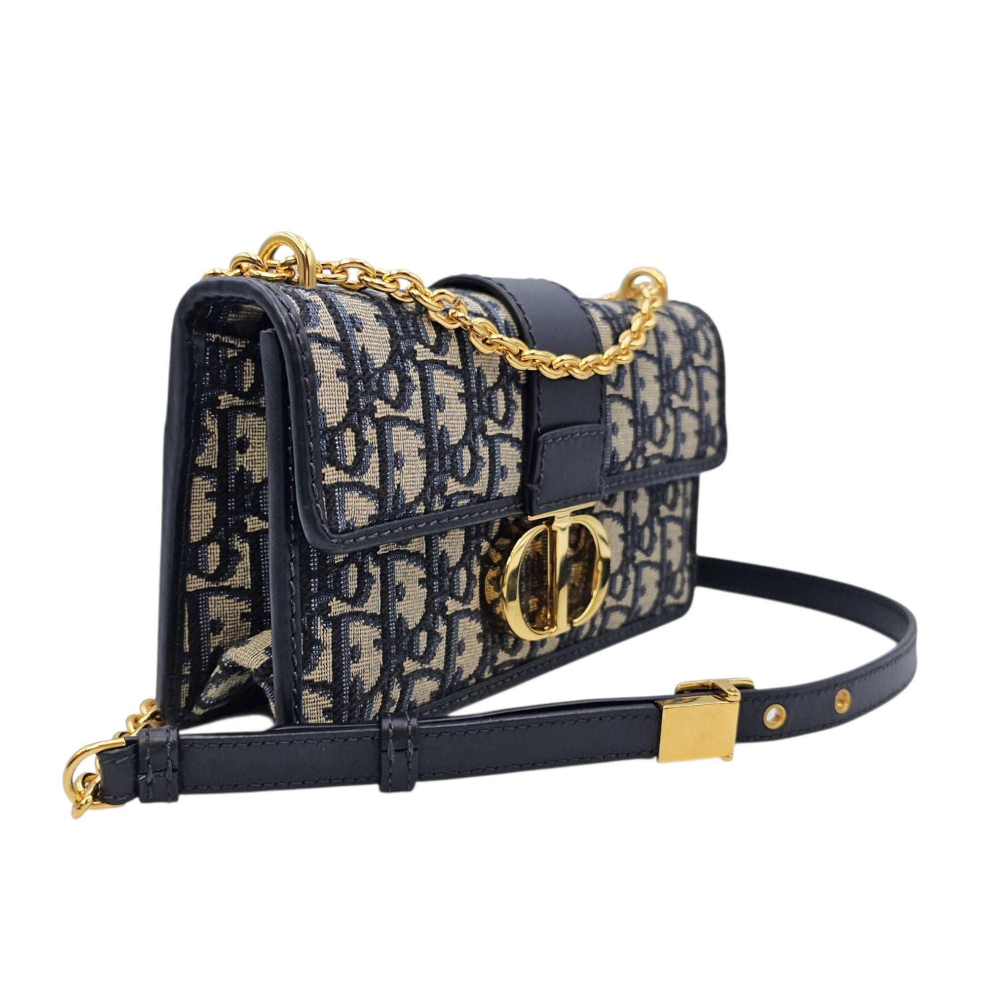 30 Montaigne East West  21cm Navy Blue Dior Oblique Shoulder Bag in Jacquard Gold hardware