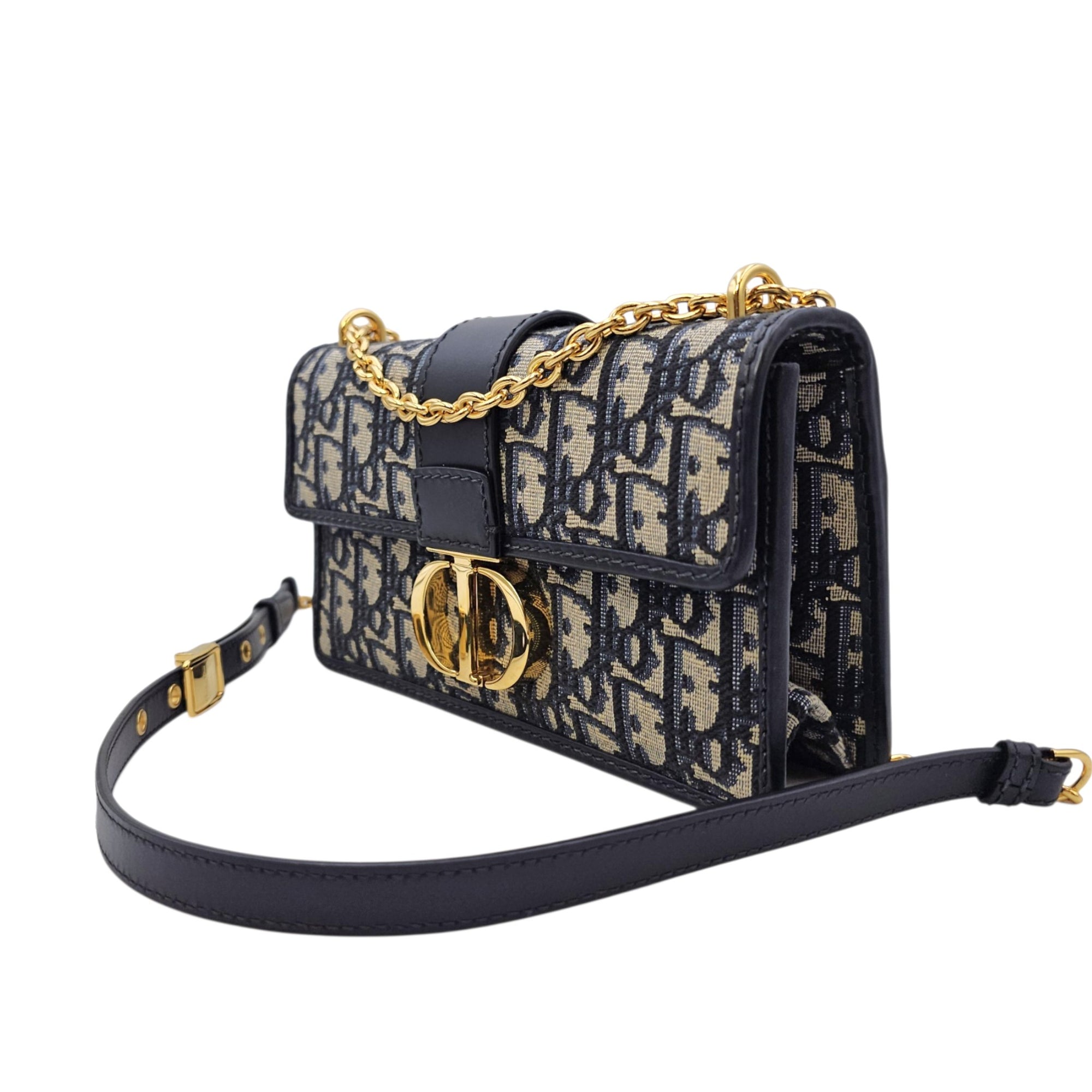 30 Montaigne East West  21cm Navy Blue Dior Oblique Shoulder Bag in Jacquard Gold hardware