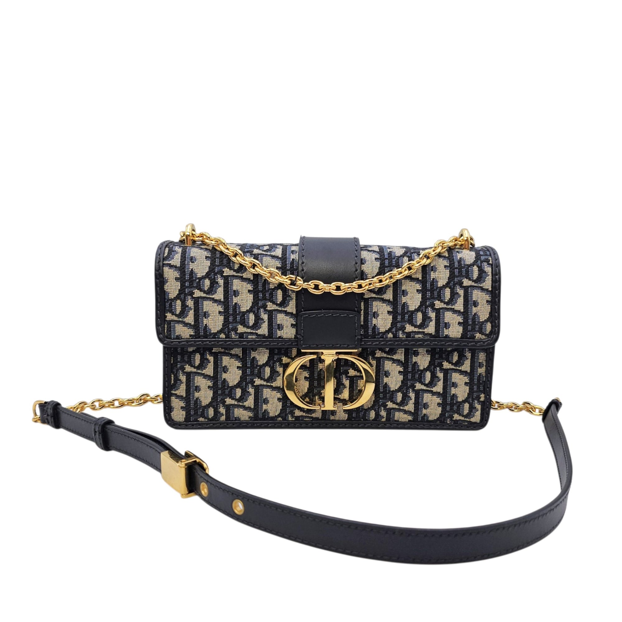 30 Montaigne East West  21cm Navy Blue Dior Oblique Shoulder Bag in Jacquard Gold hardware