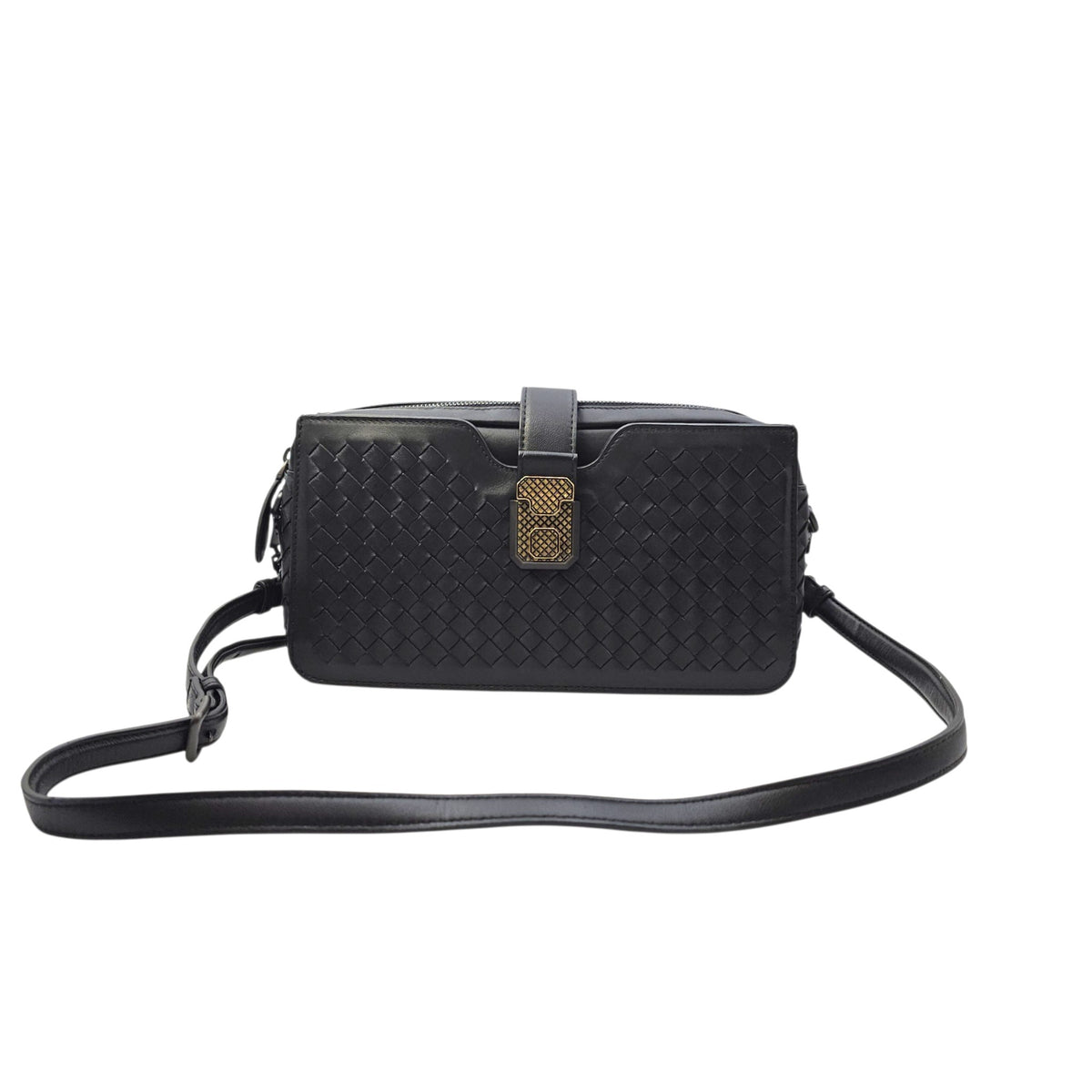 Intrecciato Black Crossbody Bag in Nappa Leather Gunmetal hardware