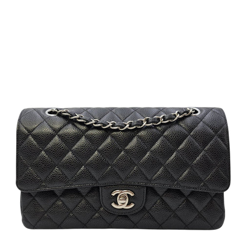 Classic Medium Black Shoulder Bag in Caviar Leather Silver hardware