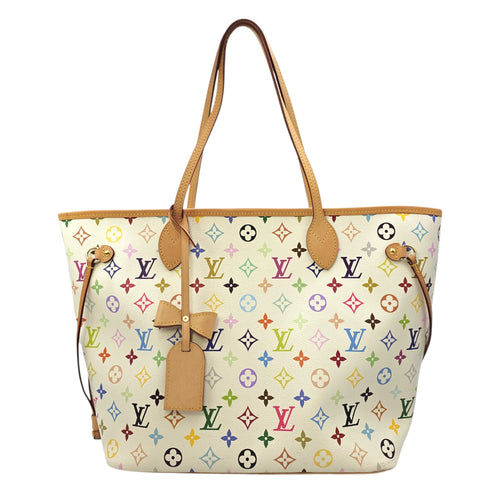 Neverfull MM White Multicolor Tote Bag in Coated Canvas Gold hardware