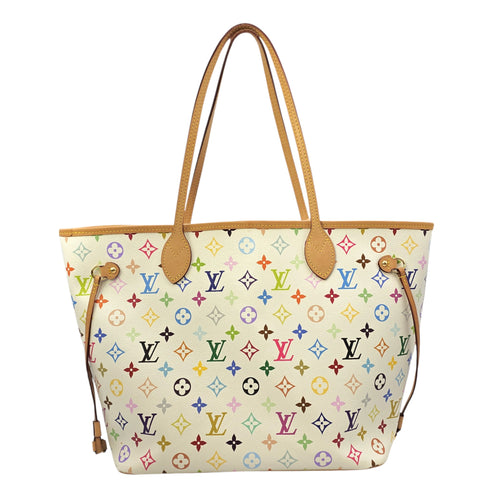 Neverfull MM White Multicolor Tote Bag in Coated Canvas Gold hardware