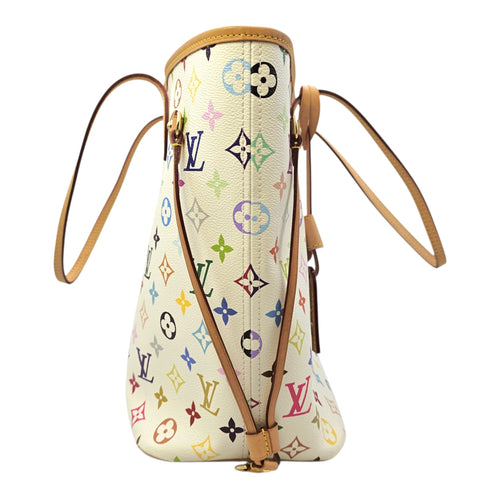 Neverfull MM White Multicolor Tote Bag in Coated Canvas Gold hardware