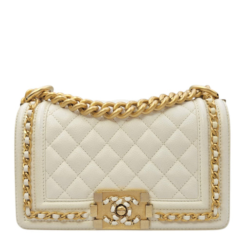 Boy Small White Shoulder Bag in Caviar Leather Gold hardware