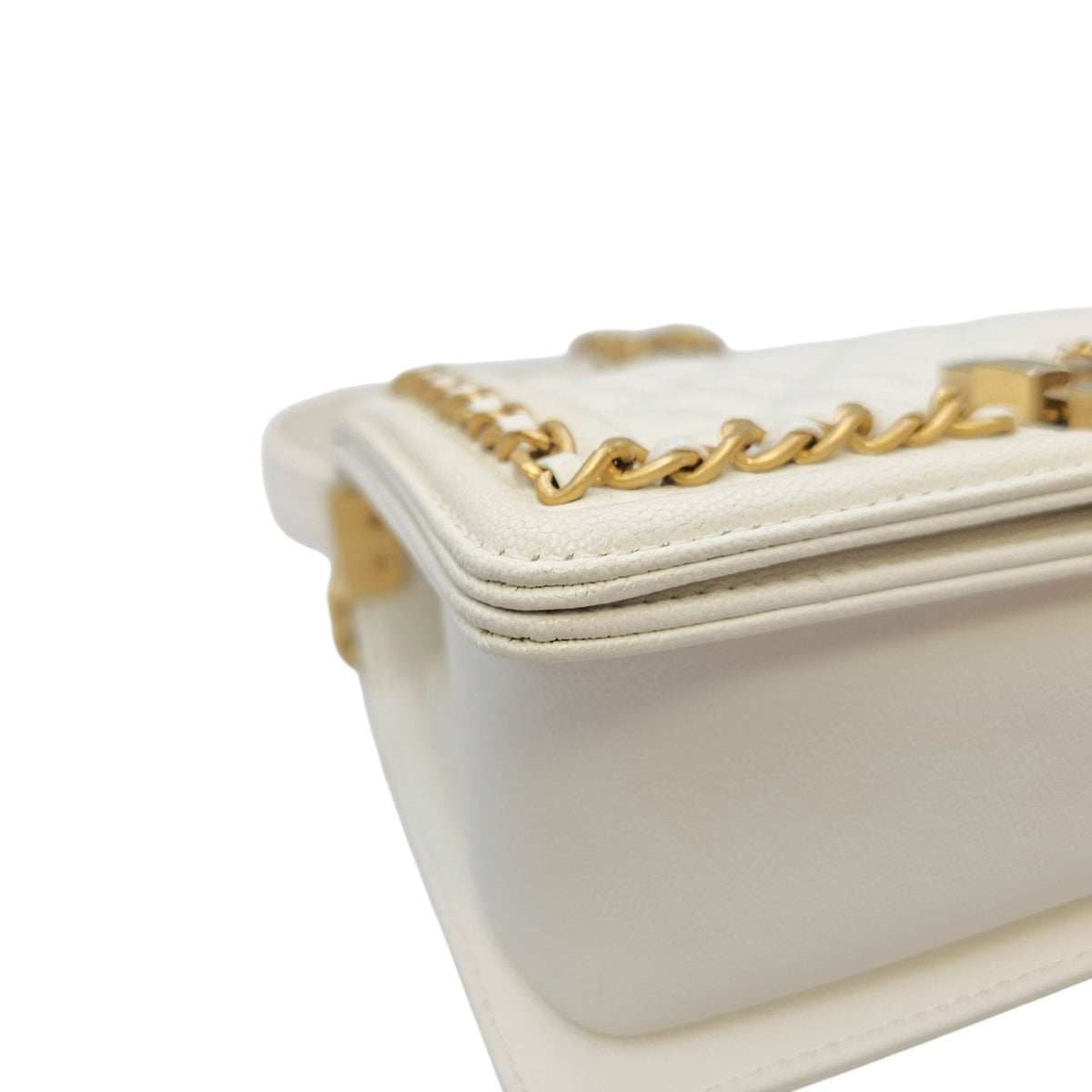 Boy Small White Shoulder Bag in Caviar Leather Gold hardware