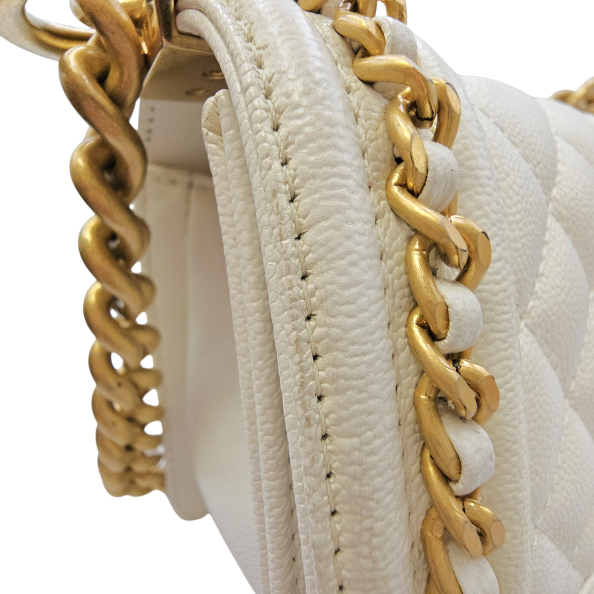 Boy Small White Shoulder Bag in Caviar Leather Gold hardware