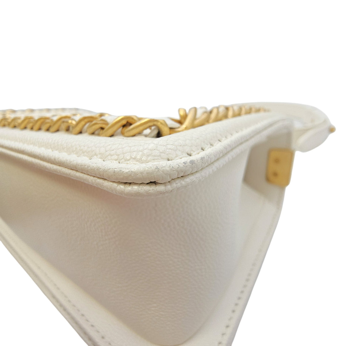 Boy Small White Shoulder Bag in Caviar Leather Gold hardware