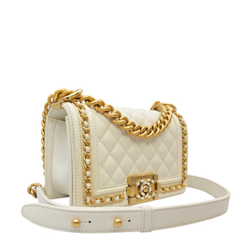 Boy Small White Shoulder Bag in Caviar Leather Gold hardware