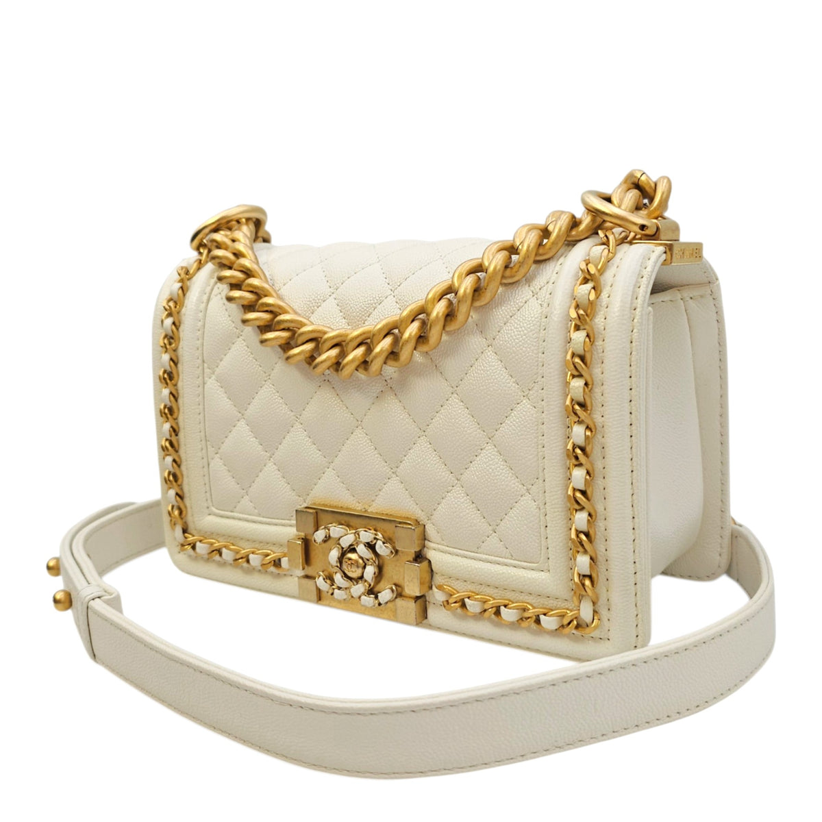 Boy Small White Shoulder Bag in Caviar Leather Gold hardware