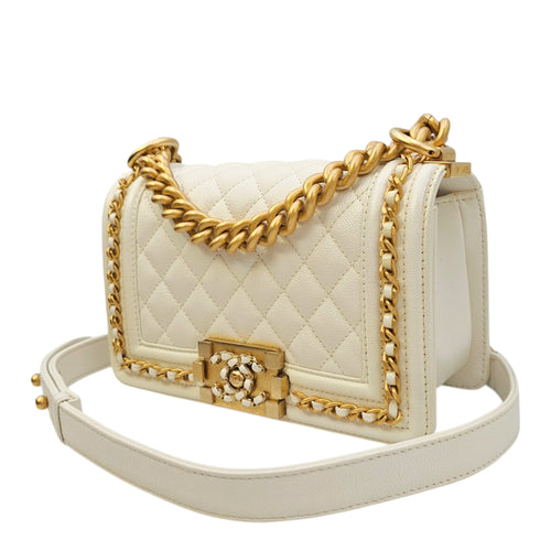 Boy Small White Shoulder Bag in Caviar Leather Gold hardware
