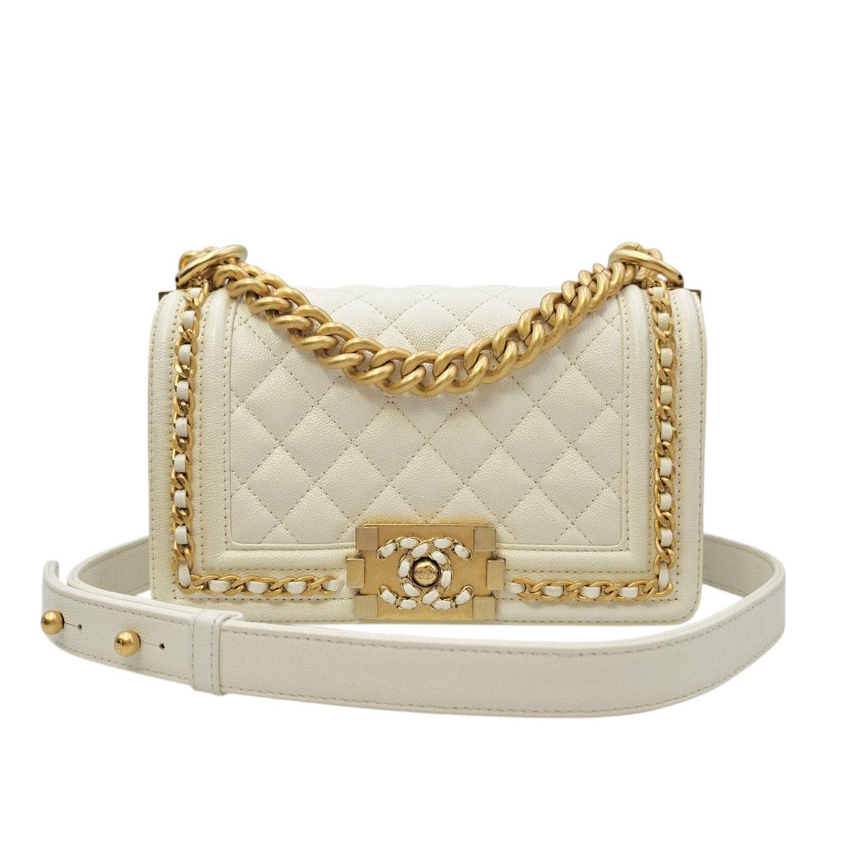 Boy Small White Shoulder Bag in Caviar Leather Gold hardware
