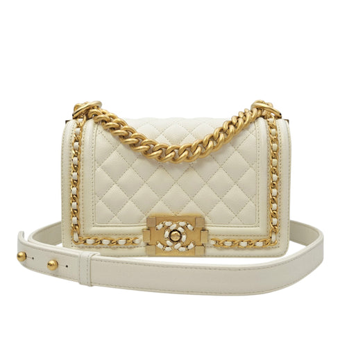 Boy Small White Shoulder Bag in Caviar Leather Gold hardware