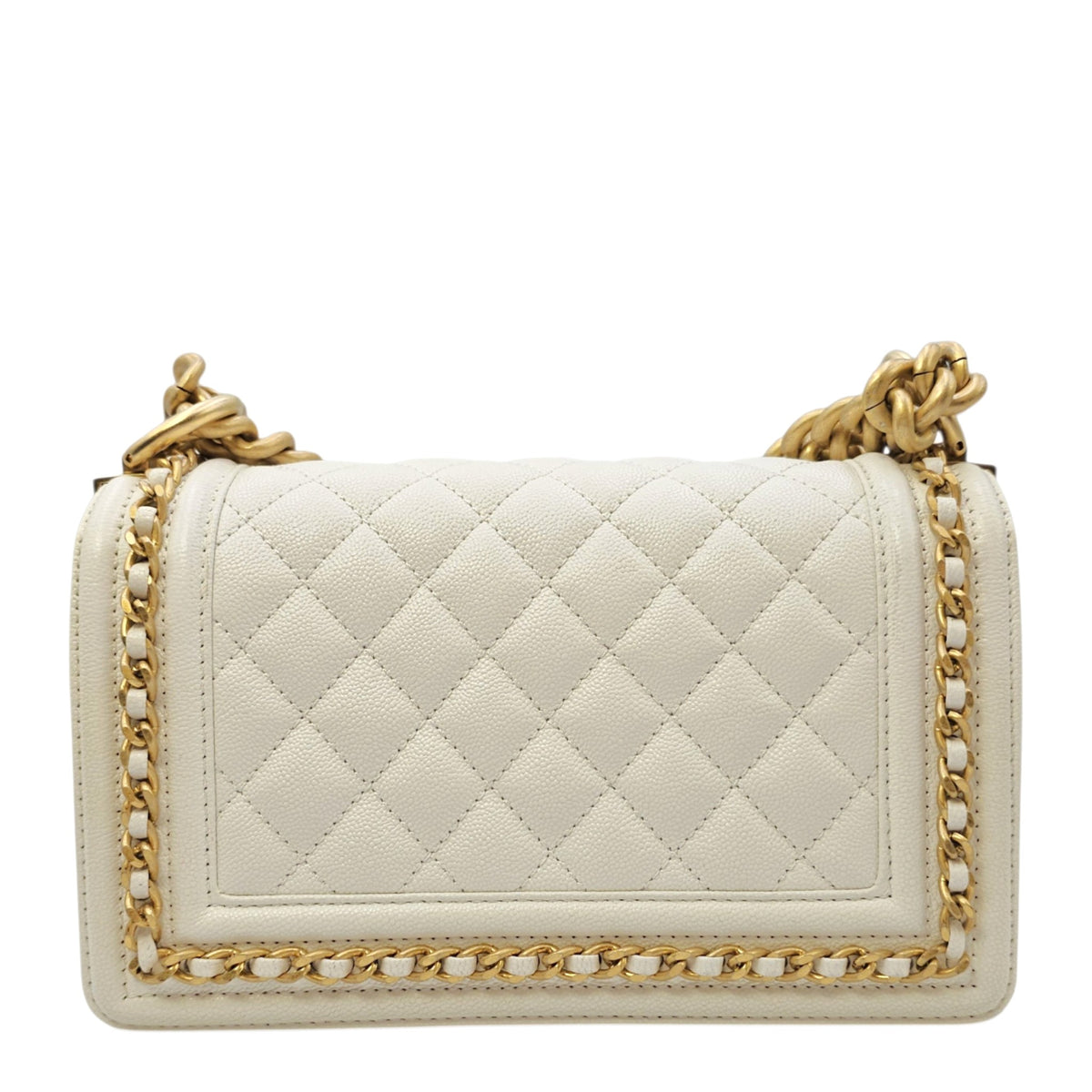 Boy Small White Shoulder Bag in Caviar Leather Gold hardware