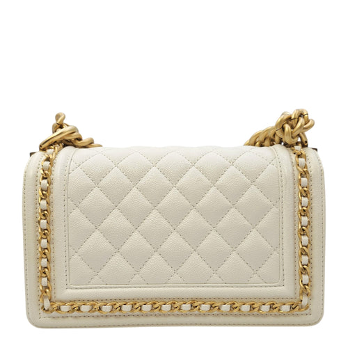 Boy Small White Shoulder Bag in Caviar Leather Gold hardware
