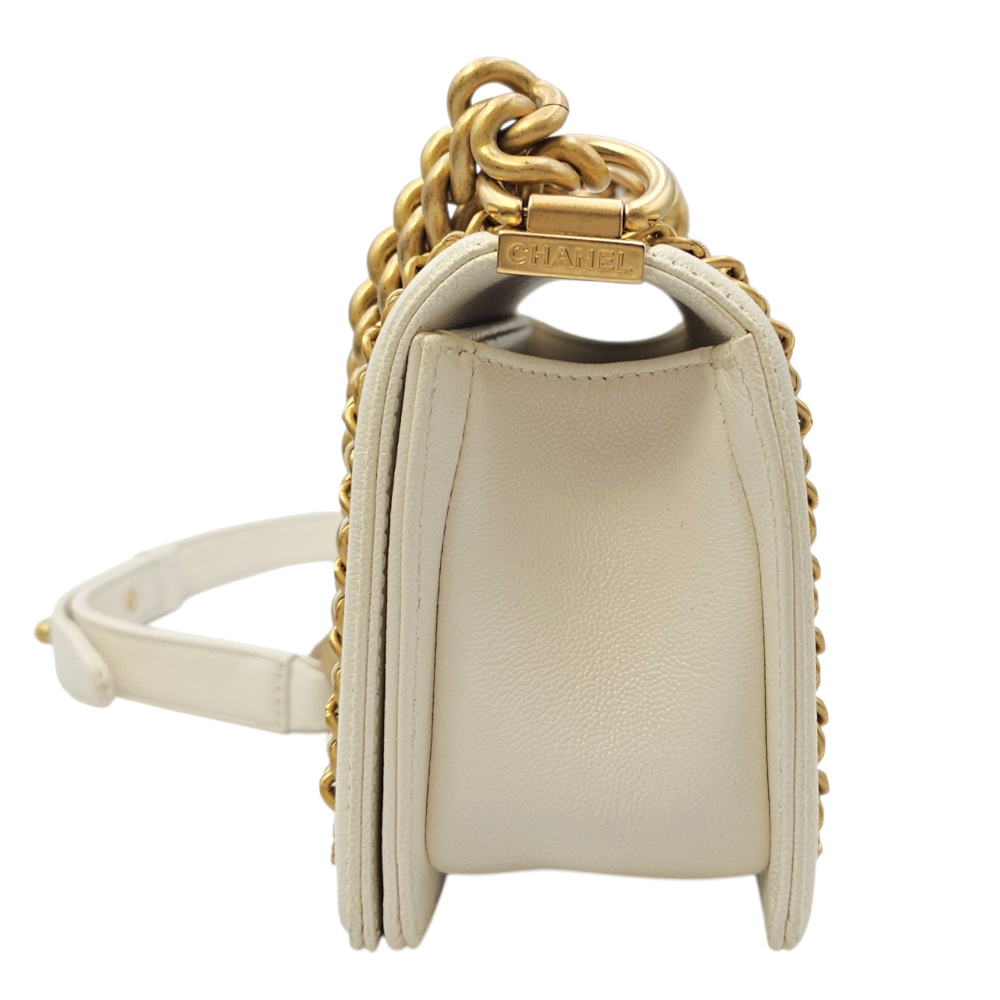 Boy Small White Shoulder Bag in Caviar Leather Gold hardware