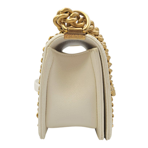 Boy Small White Shoulder Bag in Caviar Leather Gold hardware