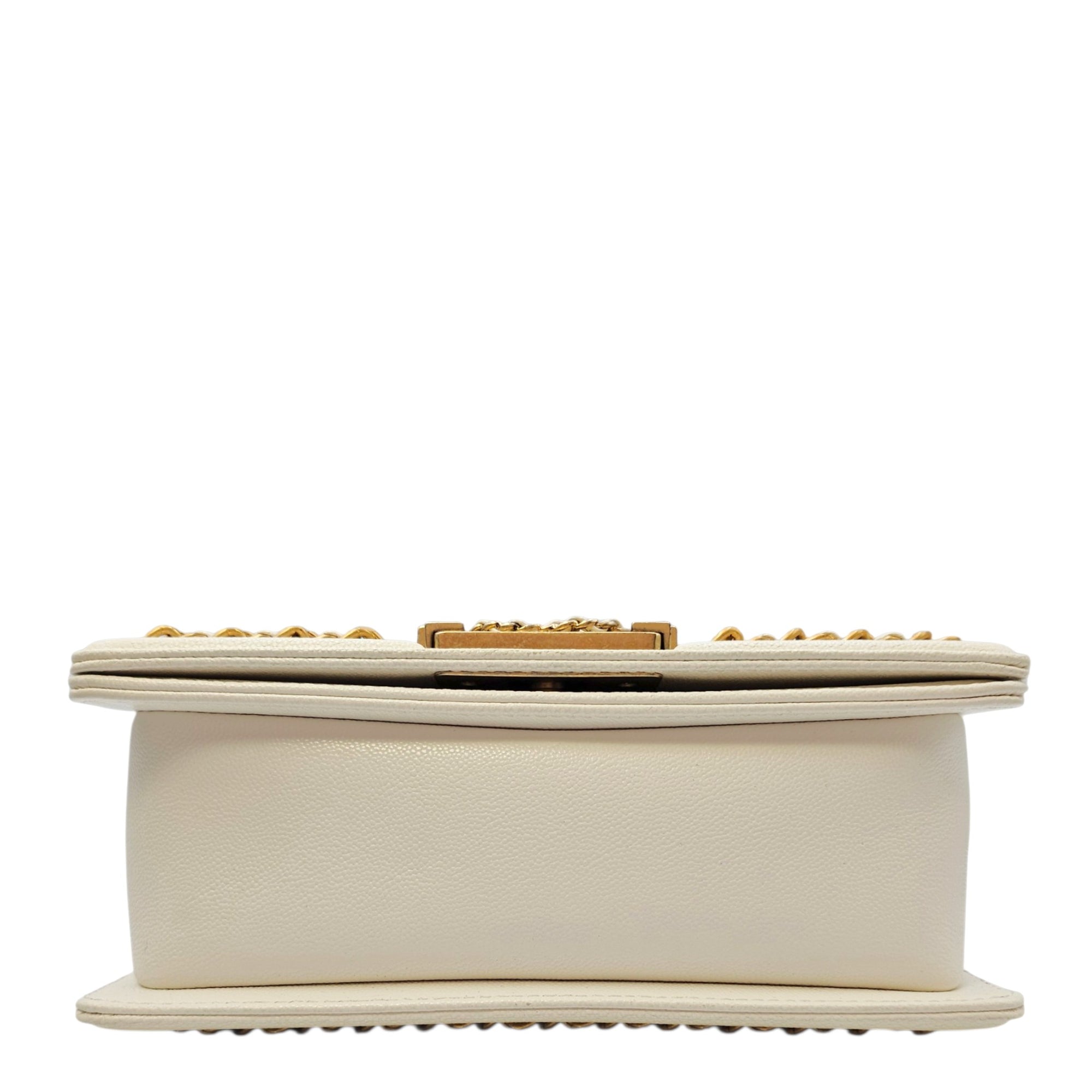 Boy Small White Shoulder Bag in Caviar Leather Gold hardware