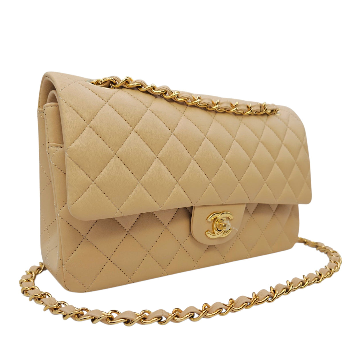 Classic Medium Beige Shoulder Bag in Calfskin Gold hardware