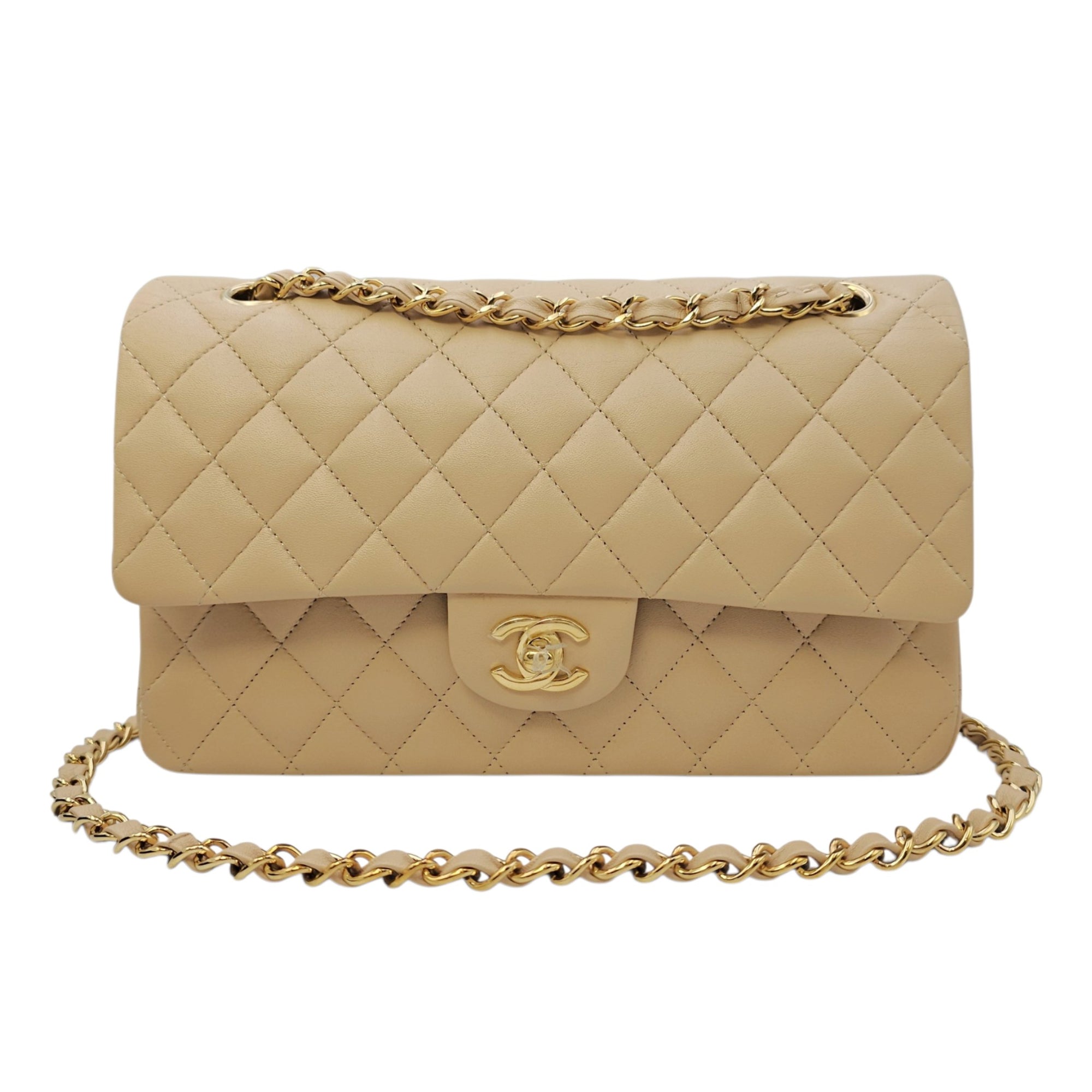 Classic Medium Beige Shoulder Bag in Calfskin Gold hardware