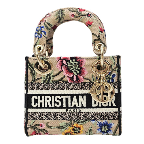 Lady D-Lite Mini Beige Multicolor Jardin Fleuri Embroidery Top Handle Bag in Fabric Gold hardware