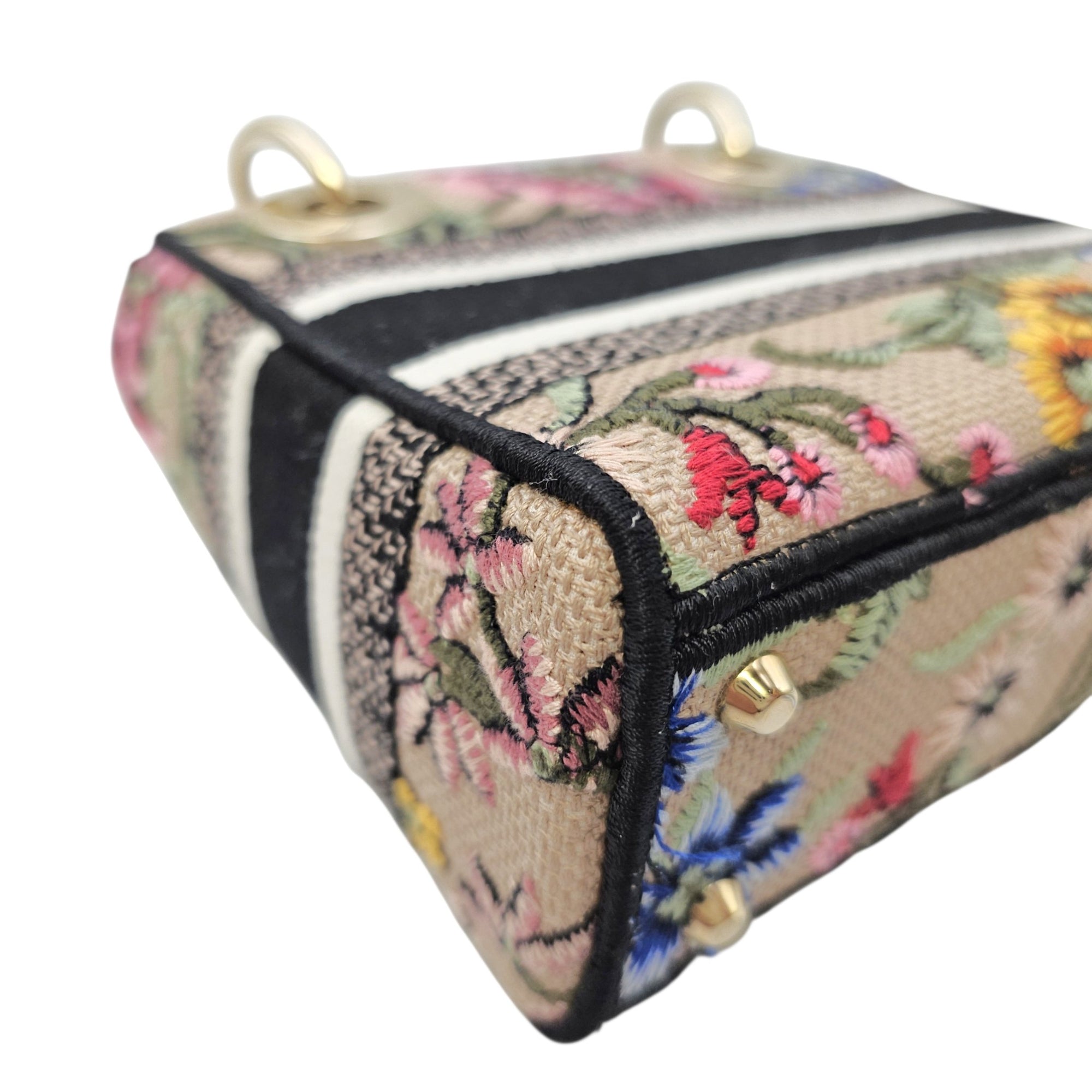Lady D-Lite Mini Beige Multicolor Jardin Fleuri Embroidery Top Handle Bag in Fabric Gold hardware