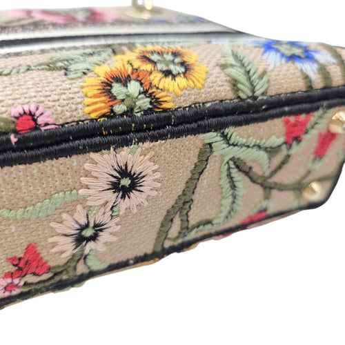 Lady D-Lite Mini Beige Multicolor Jardin Fleuri Embroidery Top Handle Bag in Fabric Gold hardware