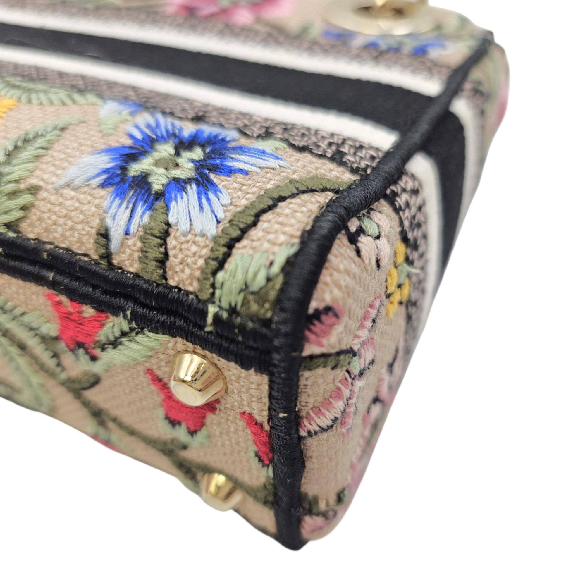 Lady D-Lite Mini Beige Multicolor Jardin Fleuri Embroidery Top Handle Bag in Fabric Gold hardware